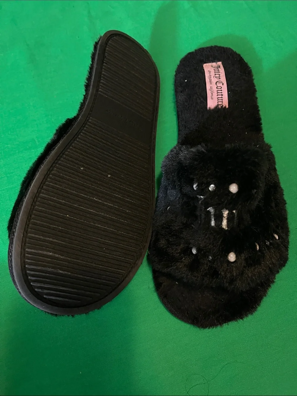 Juicy Couture Girls Black Faux-Fur Slide Slippers with Stud Accents